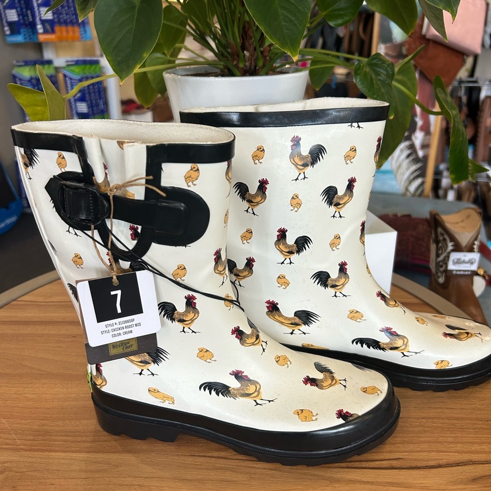 Western Chief White and Black Rooster Print Women's Boots